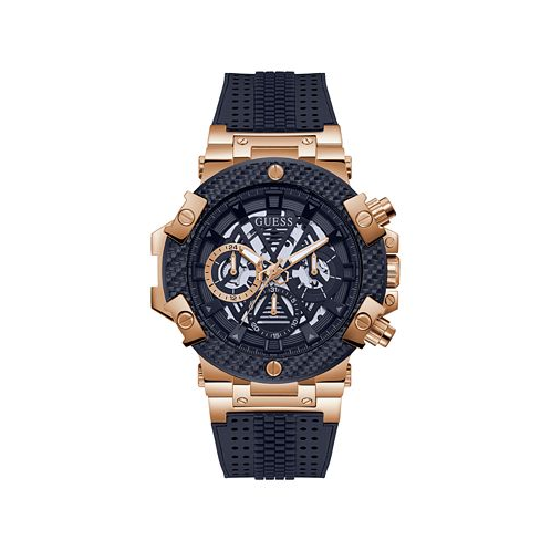 GUESS Mens Rose Gold-Tone Navy Genuine Leather Silicone Strap Multi-Function Watch 46mm