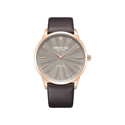 Kenneth Cole New York Mens Quartz Genuine Diamond Accents Brown Genuine Leather Watch 43.5mm