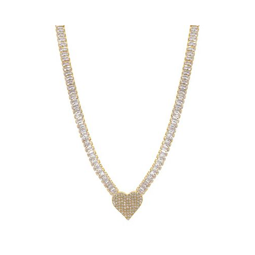 ADORNIA 17.5 Baguette Tennis Necklace 14K Gold Plated with Pave Heart Pendant