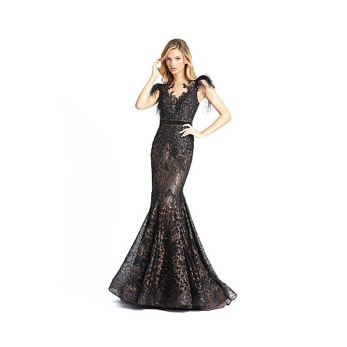 Mac Duggal Womens Womens Embellished Feather Cap Sleeve Illusion Neck Trumpet Gown