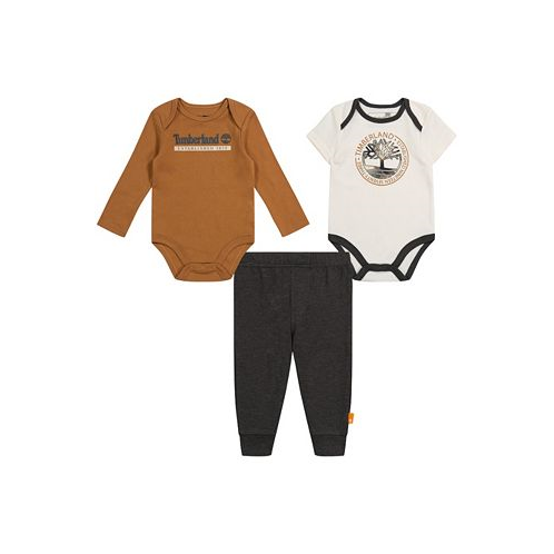Timberland Baby Boys Logo Long Sleeve and Short Sleeve Bodysuits and Heather Joggers 3 Piece Set