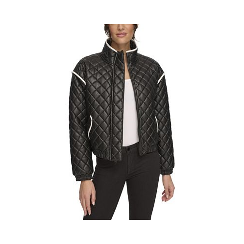 Andrew Marc Sport Womens Quilted Faux Leather Bomber Jacket With Contrast Trim