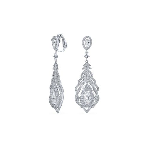 Bling Jewelry Bridal Art Deco Style Cubic Zirconia Halo Leaf Teardrop Long Statement CZ Chandelier Dangle Clip On Earrings For Women
