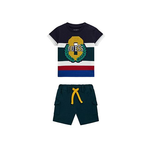 GUESS Baby Boys Short Sleeve Stripe T Shirt with Applique Graphic and French Terry Cargo Shorts 2 Piece Set