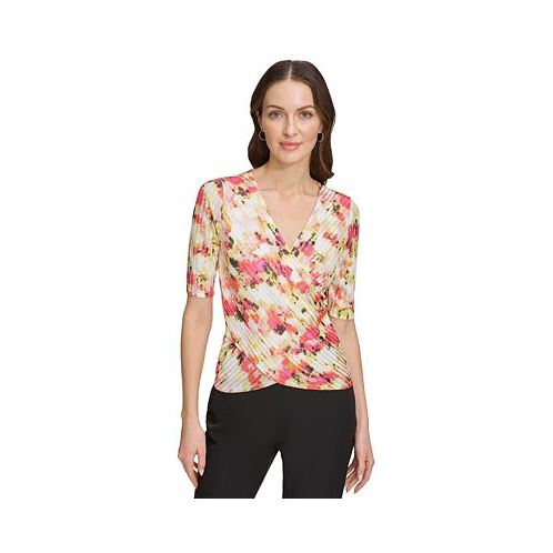 DKNY Womens Printed Textured Surplice Top