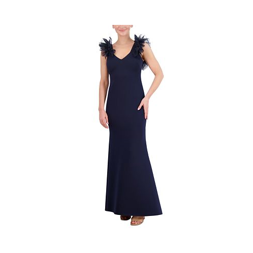 Eliza J Womens Ruffle-Shoulder Mixed-Media Gown