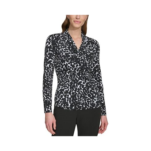 DKNY Petite Printed Ruched-Side Long-Sleeve Top