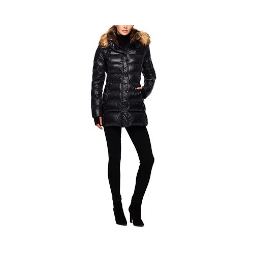 S13 Womens Chelsea High-Shine Faux-Fur-Trim Hooded Puffer Coat