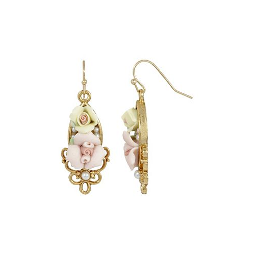 2028 Womens Gold Tone Pink Yellow Porcelain Rose Flowers Drop Wire Earrings
