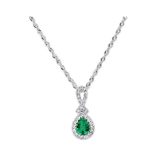 Macys Emerald (1/4 ct. t.w.) & Diamond (1/10 ct. t.w.) Teardrop 18 Pendant Necklace in 14k White Gold
