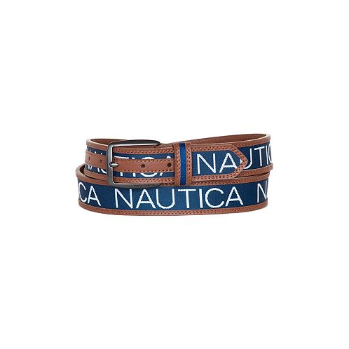 Nautica Mens Logo Ribbon with Leather Trim Belt