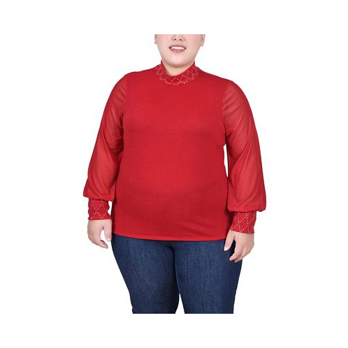 NY Collection Plus Size Long Mesh Sleeve Pullover Top with Jewels