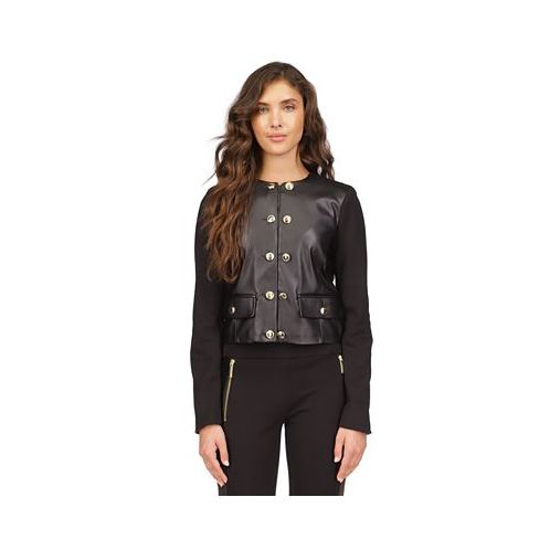 Michael Kors Womens Button-Front Mixed-Media Jacket Regular & Petite