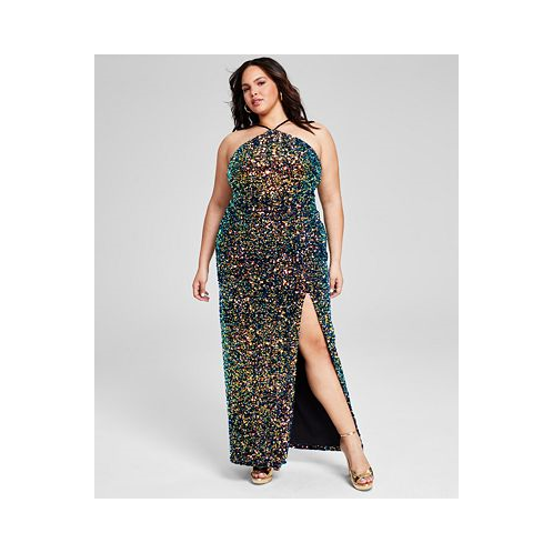 B Darlin Trendy Plus Size Sequined Halter High-Slit Gown