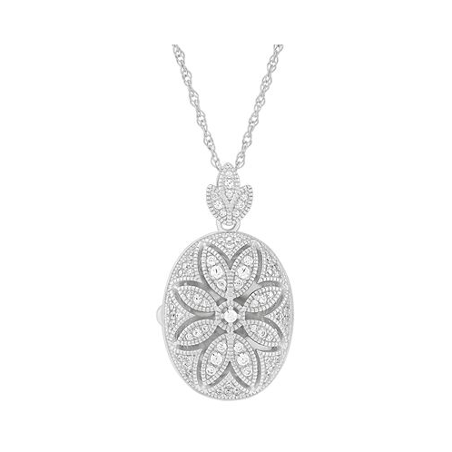 Macys Cubic Zirconia Oval Floral Locket Pendant Necklace in Sterling Silver