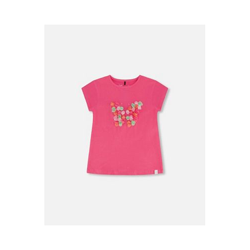 Deux par Deux Girl Organic Cotton Top With Print And Applique Candy Pink - Toddler Child