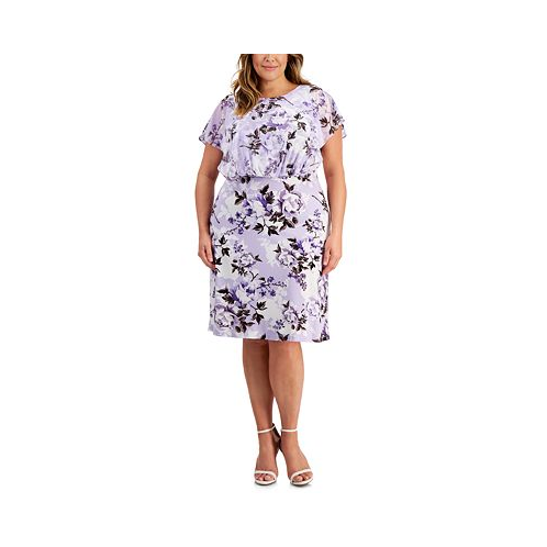 Connected Plus Size Floral-Print Overlay A-Line Dress