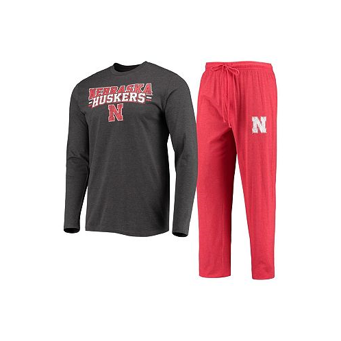 Concepts Sport Mens Scarlet Heathered Charcoal Distressed Nebraska Huskers Meter Long Sleeve T-shirt and Pants Sleep Set