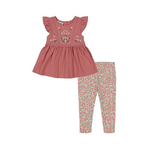 Kids Headquarters Toddler Girls Clip-Dot Eyelet Trim Tunic Top and Floral Capri Leggings 2 Piece Set
