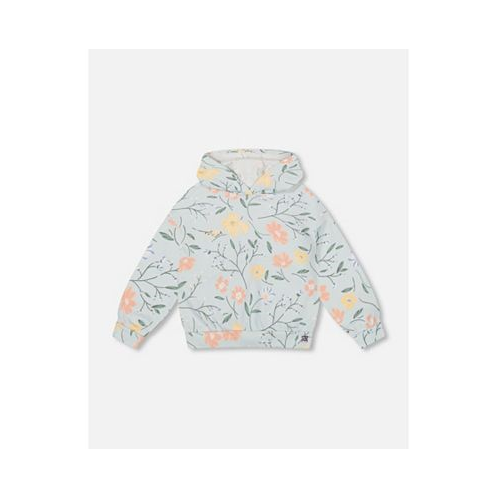 Deux par Deux Girl French Terry Hooded Sweatshirt Baby Blue With Printed Romantic Flower - Child