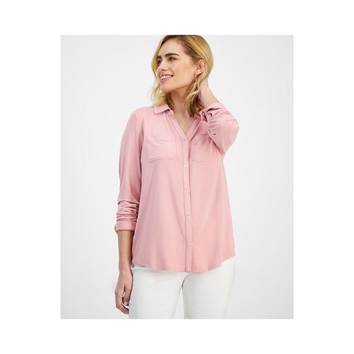 Style & Co Petite Button-Front Long-Sleeve Knit Shirt