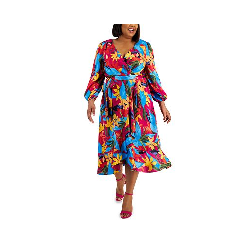 Tahari Plus Size Printed Long-Sleeve Satin Faux-Wrap Dress