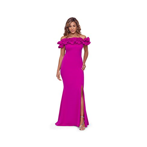 XSCAPE Petite Ruffled Off-The-Shoulder Gown