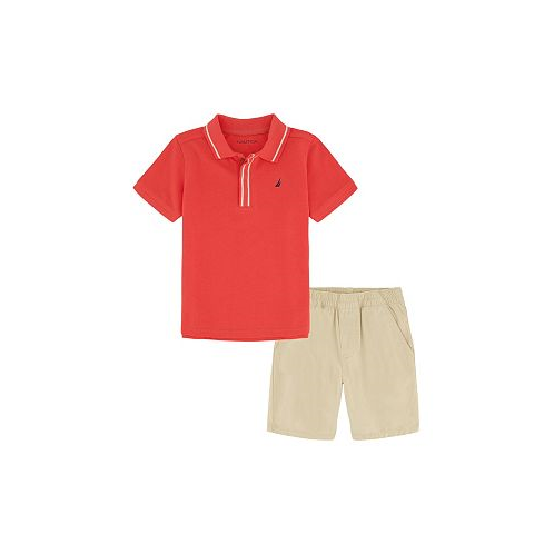Nautica Little Boys Tipped Pique Polo Shirt and Prewashed Twill Shorts 2 Pc Set