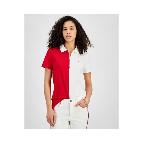 Tommy Hilfiger Womens Colorblock Zip-Front Polo Shirt