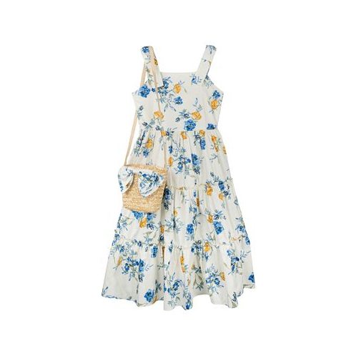 Rare Editions Big Girls Floral Maxi Dress with Straw Bag 2 PC