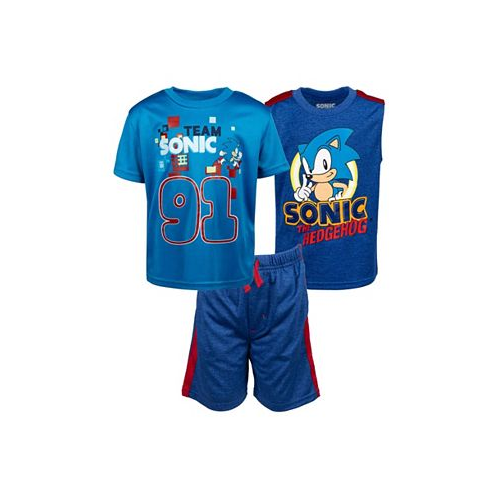 Sega Boys Sonic the Hedgehog 3 Piece Outfit Set: T-Shirt Tank Top Shorts Blue