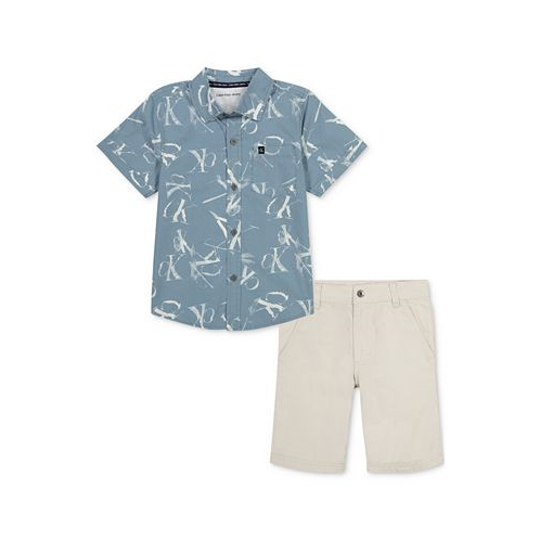 Calvin Klein Little Boy Plaid Poplin Button-Front Shirt Twill Shorts Set