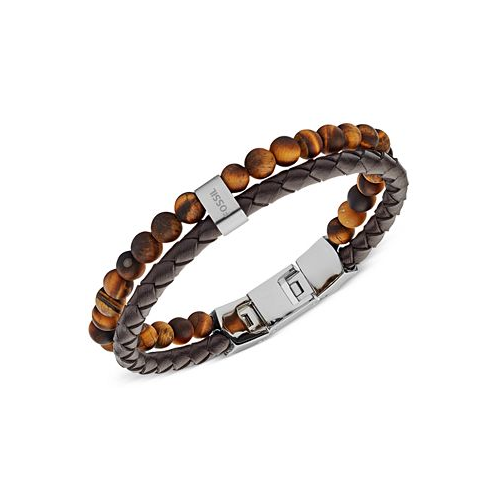 Fossil Mens Tigers Eye and Brown Leather Bracelet
