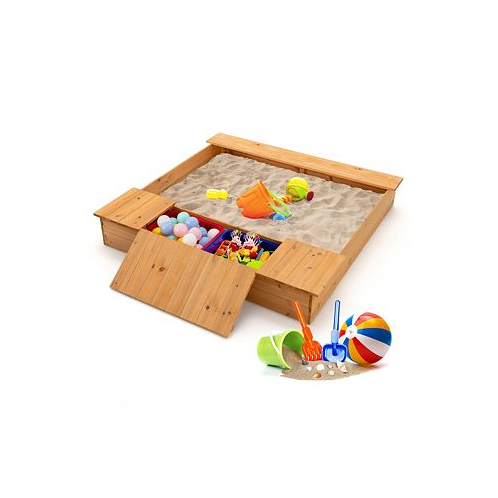 Costway Kids Wooden Sandbox w/ Bench Seats & Storage Boxes Children Outdoor Playset