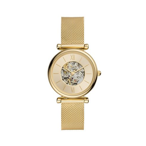 Fossil Womens Carlie Automatic Gold-Tone Stainless Steel Mesh Watch 35mm