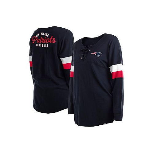 New Era Womens Navy New England Patriots Plus Size Athletic Varsity Lace-Up V-Neck Long Sleeve T-shirt