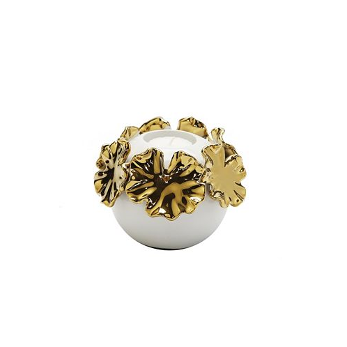 Vivience White Ceramic Candle Holder Gold-Tone Flower Design