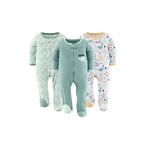 The Peanutshell Green Dino Footed Baby Sleepers for Boys or Girls 3-Pack