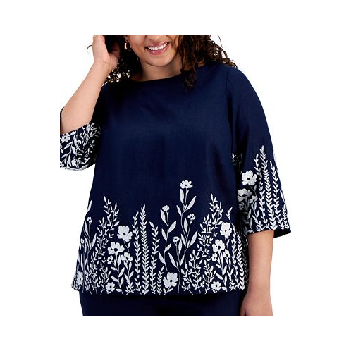 Charter Club Plus Size 100% Linen Embroidered Top