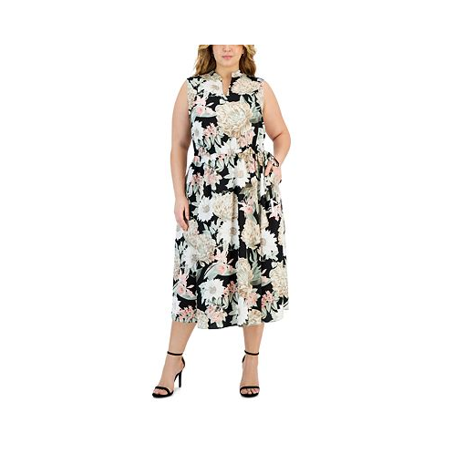 Anne Klein Plus Size Jenna Floral Drawstring-Waist Dress