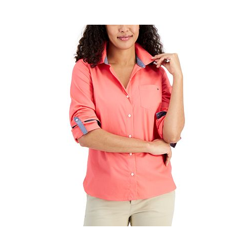 Tommy Hilfiger Womens Cotton Roll-Tab Button-Up Shirt