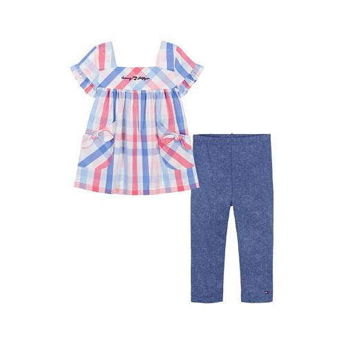 Tommy Hilfiger Little Girls Short Sleeve Plaid A-Line Tunic Top and Capri Jeggings 2 Piece Set
