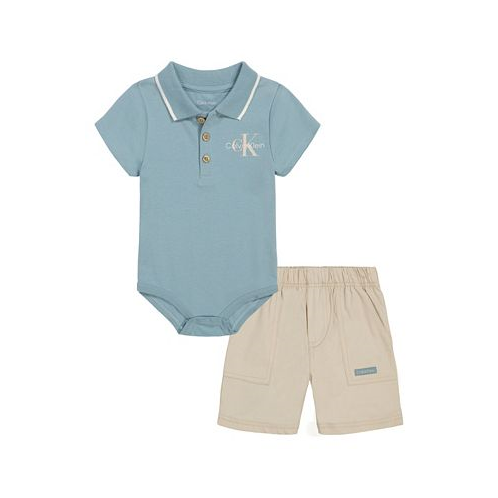 Calvin Klein Baby Boys Short Sleeve Tipped Polo Bodysuit and Canvas Shorts 2 Piece Set