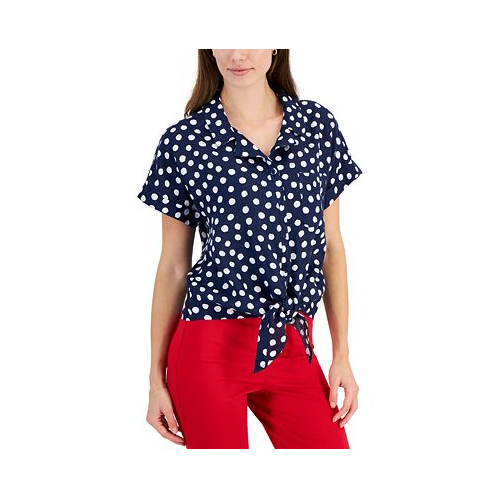 Charter Club Womens 100% Linen Carrie Dot-Print Tie-Front Shirt