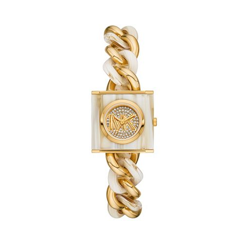 Michael Kors Womens MK Chain Lock Three-Hand Alabaster and Gold-Tone Stainless Steel Watch 25mm