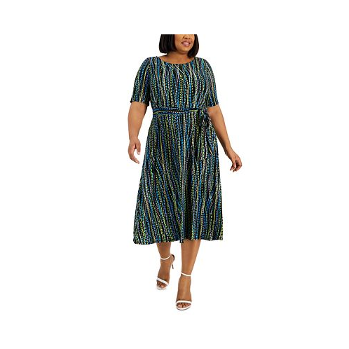 Kasper Plus Size Abstract-Print Belted Elbow-Sleeve Dress