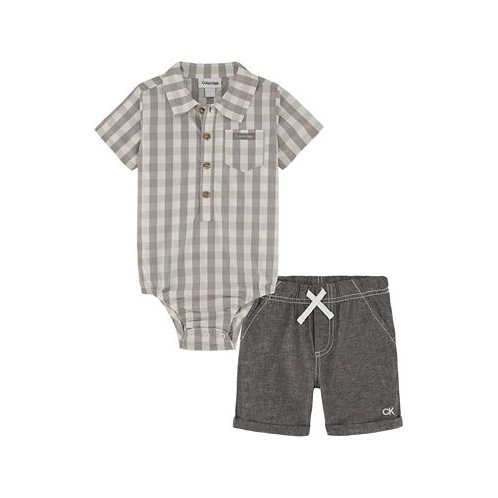 Calvin Klein Baby Boys Woven Check Short Sleeve Poplin Bodysuit and Chambray Shorts 2 Piece Set