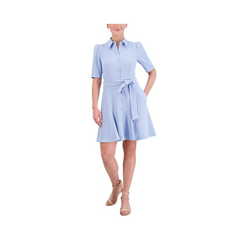 Eliza J Womens Elbow-Sleeve Belted Stretch Crepe Shirtdress
