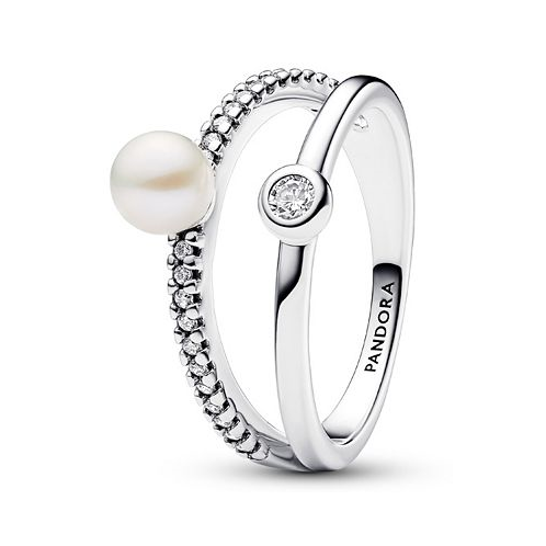Pandora Sterling Silver Timeless Treated Freshwater Cultured Pearl Pave Double Band Ring