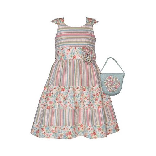 Bonnie Jean Little Girls Sleeveless Seersucker and Cotton Print Dress and Matching Bag